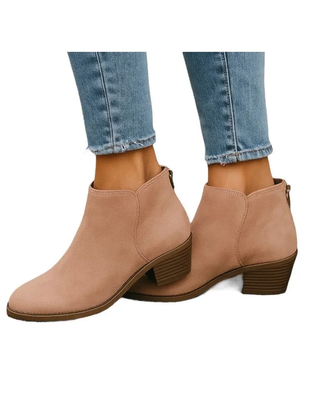 Old Navy Girls Tan Suede Rear Zip Stacked Block Heel Ankle Booties Size 2